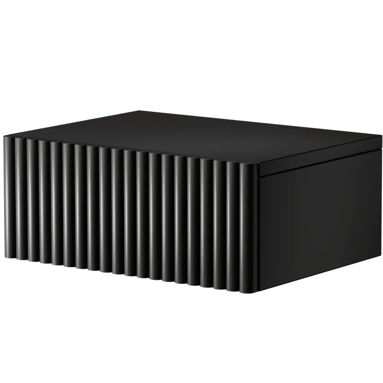 Szafka nocna wisząca CZARNA z ryflowanym frontem i pojemną szufladą. Nowoczesny stolik nocny do sypialni wykonany z wysokiej jakości materiałów. Elegancki design idealny do wnętrz glamour, japandi i modern classic.